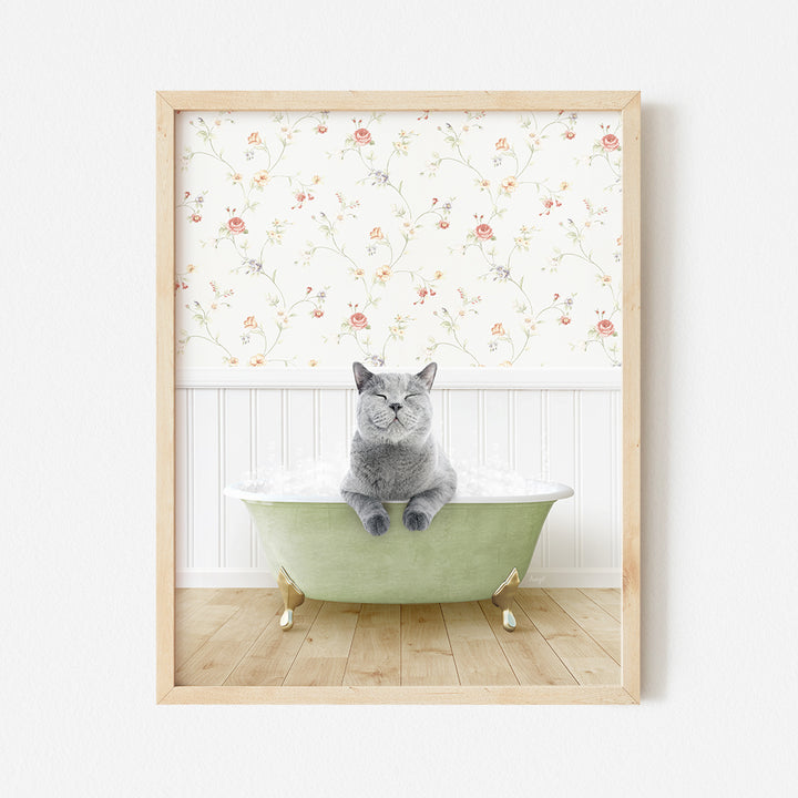 a cat sitting in a green bath tub