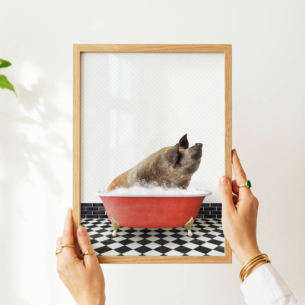 A person's hands are holding a framed picture of a pig sitting in a red bathtub filled with water, with a black and white checkered floor visible beneath the tub.