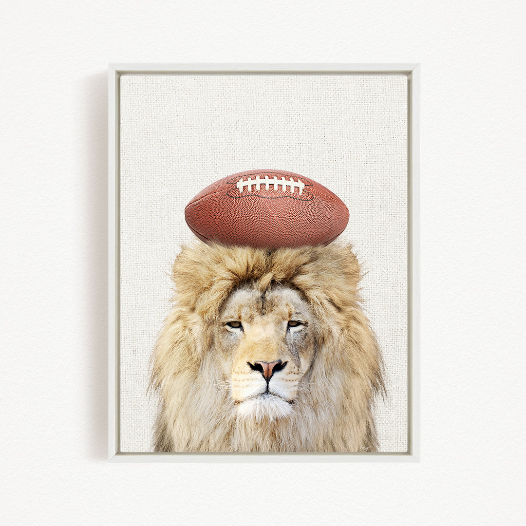 A lion with a football on its head, looking directly at the camera.