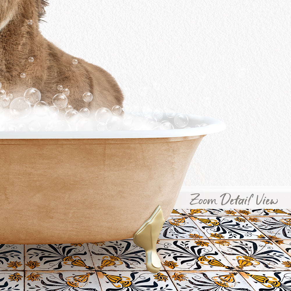A brown dog is sitting in a bathtub filled with bubbles, with a patterned tile floor visible beneath the tub.