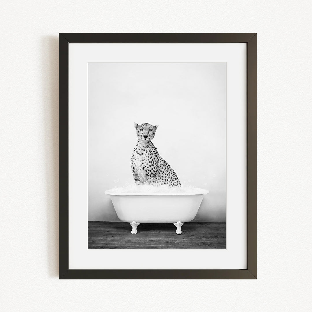 A cheetah sitting in a bathtub filled with water, creating a striking and unusual scene.