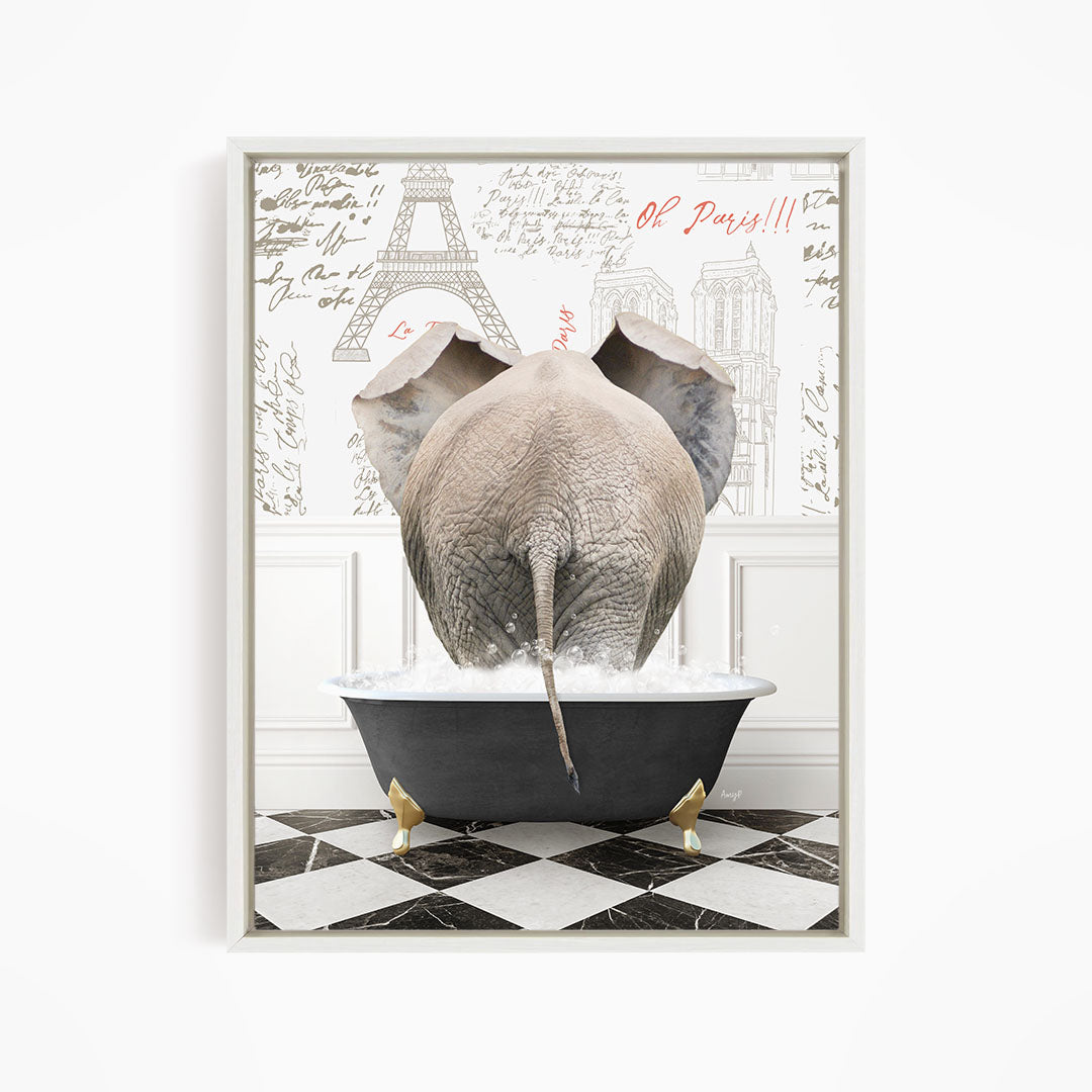 An elephant is sitting in a bathtub filled with water, surrounded by a checkered floor and a wall with the Eiffel Tower and other Parisian landmarks.