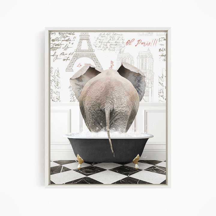 An elephant is sitting in a bathtub filled with water, surrounded by a checkered floor and a wall with the Eiffel Tower and other Parisian landmarks.