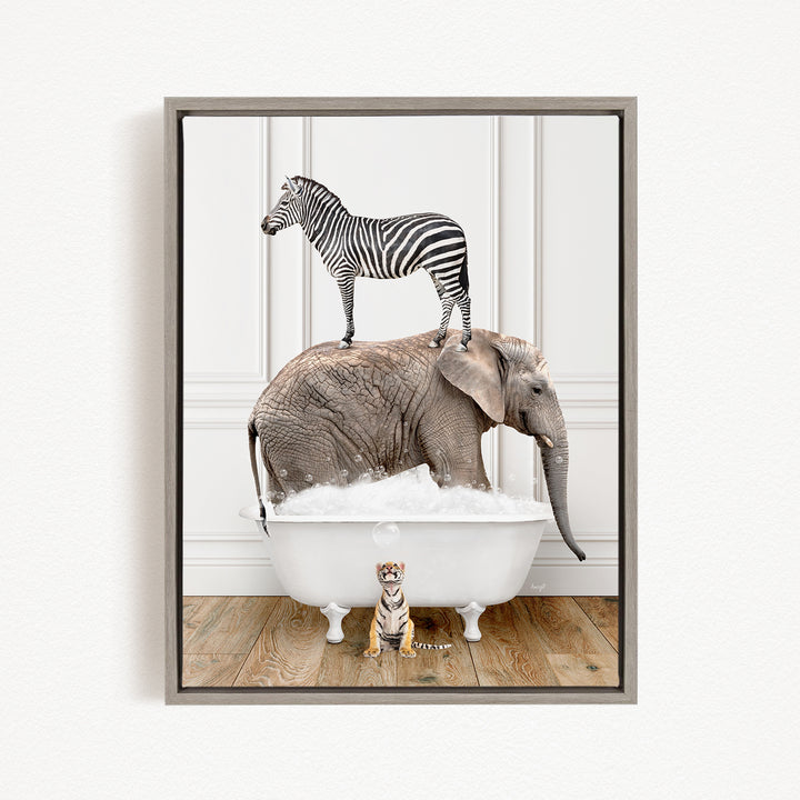 A zebra standing on an elephant's back, with a small tiger sitting in a bathtub, creating a whimsical and surreal scene.