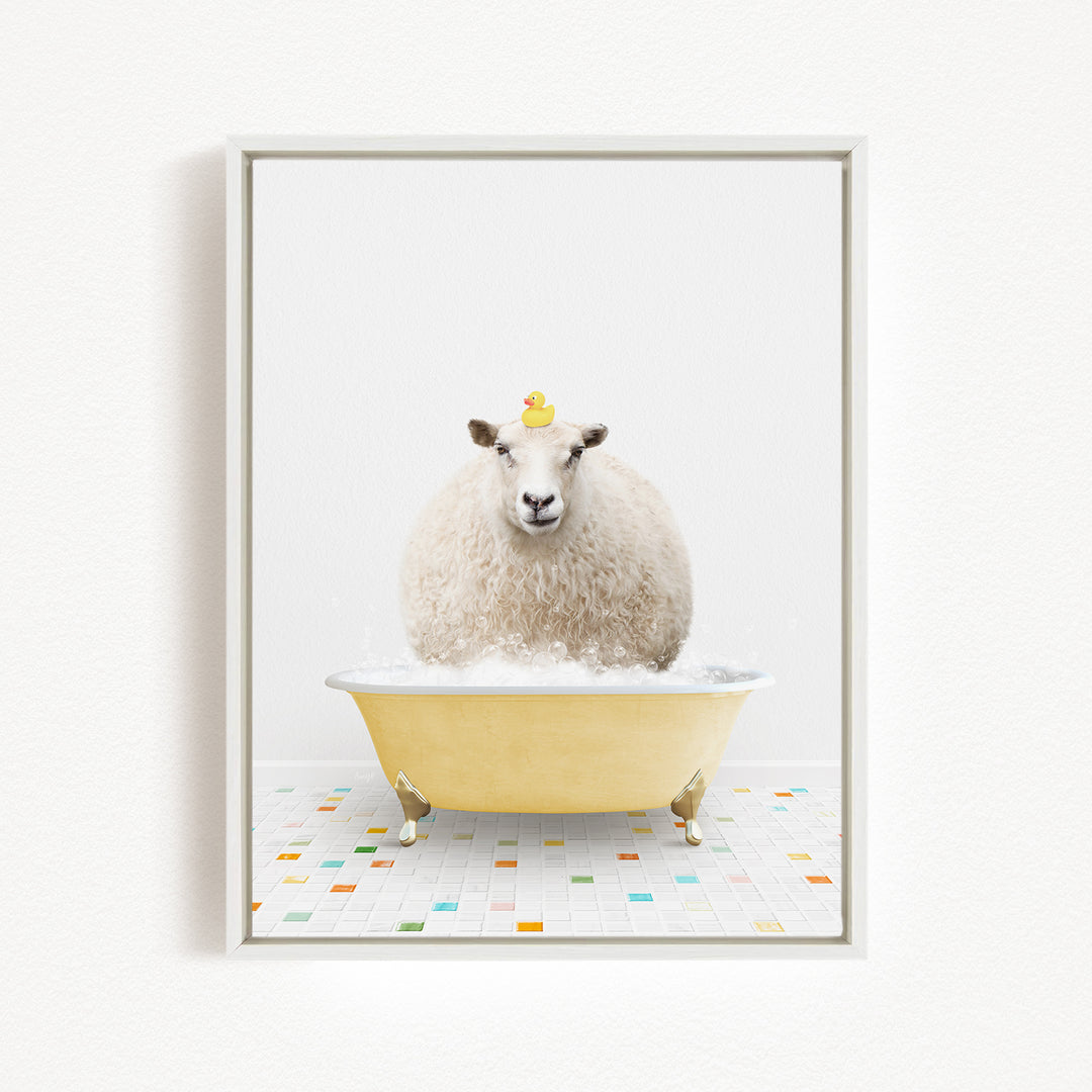 A fluffy white sheep sits in a yellow bathtub, with a yellow rubber duck perched on its head.