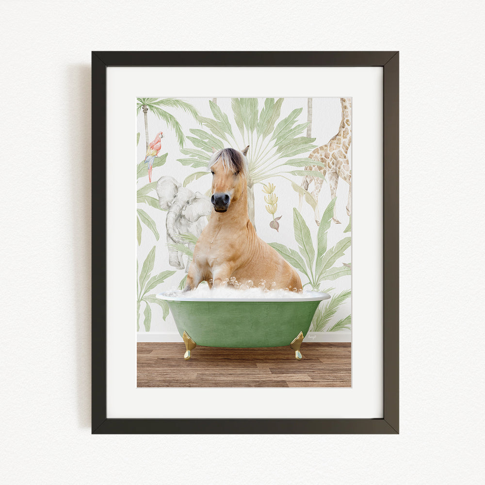 A brown horse is sitting in a green bathtub, surrounded by a tropical wallpaper with various animals, including a giraffe and a parrot.