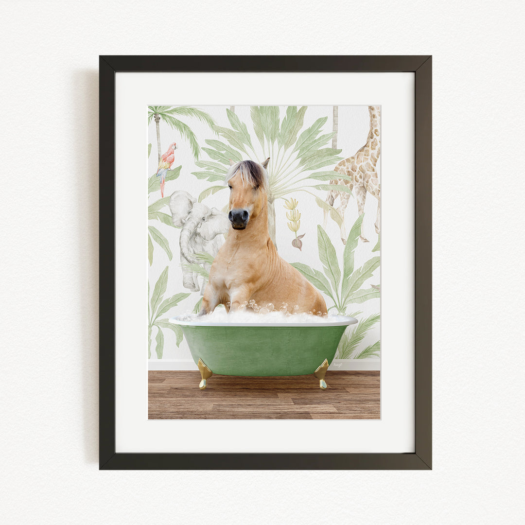 A brown horse is sitting in a green bathtub, surrounded by a tropical wallpaper with various animals, including a giraffe and a parrot.