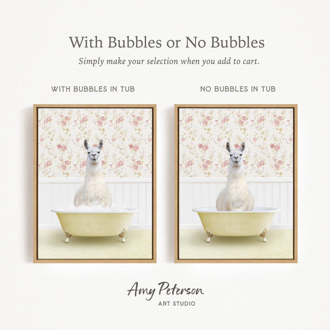 The image is a collage of two framed pictures, each featuring a white llama sitting in a bathtub. The text above the images reads "With Bubbles or No Bubbles" and below the images, it says "Simply make your selection when you add to cart."