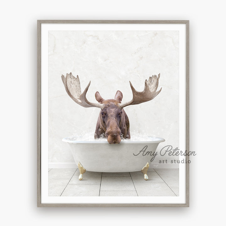 a moose is taking a bath in a bathtub