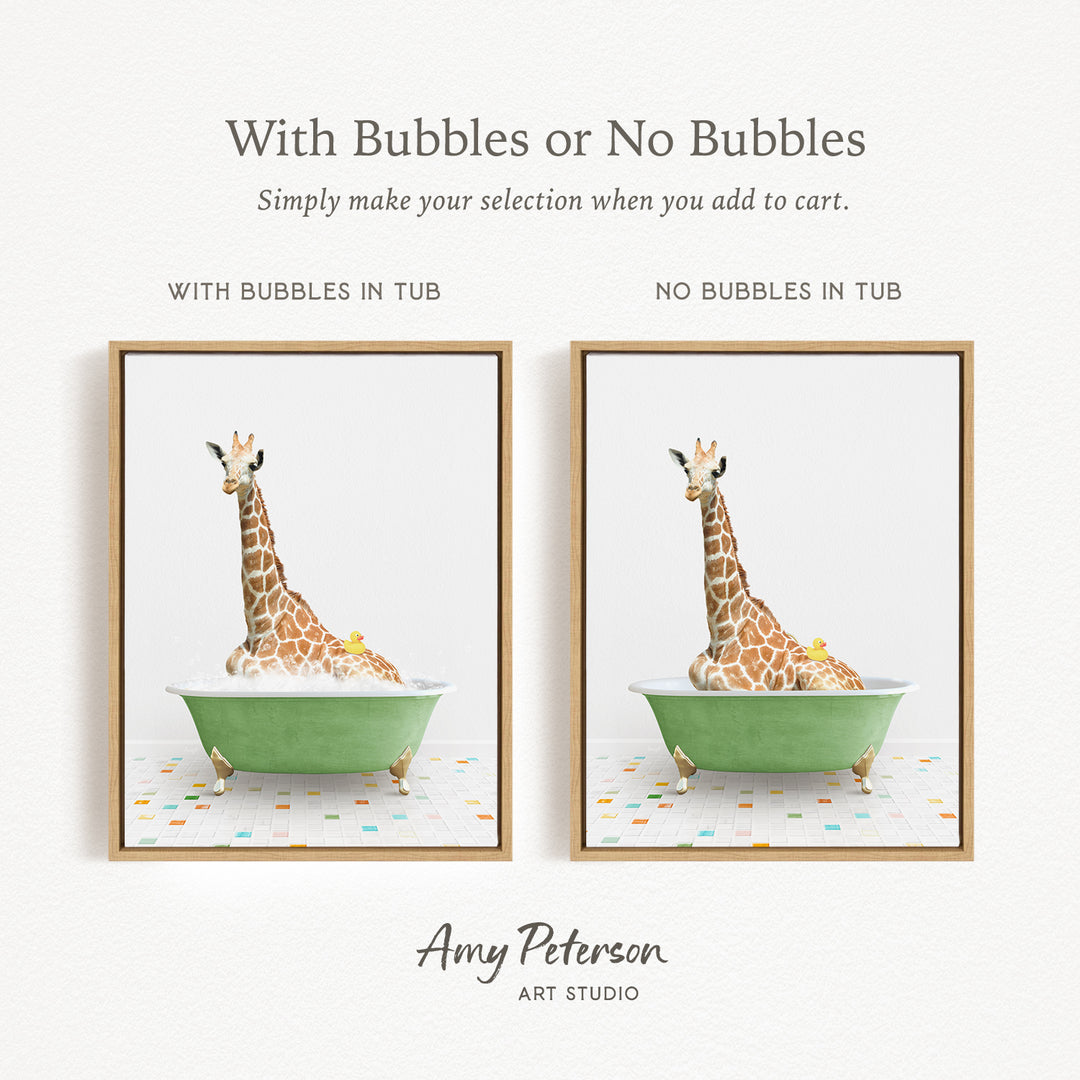 The image is a collage of two framed pictures, each depicting a giraffe sitting in a green bathtub. The text above the images reads "With Bubbles or No Bubbles" and below the images, it says "Simply make your selection when you add to cart."