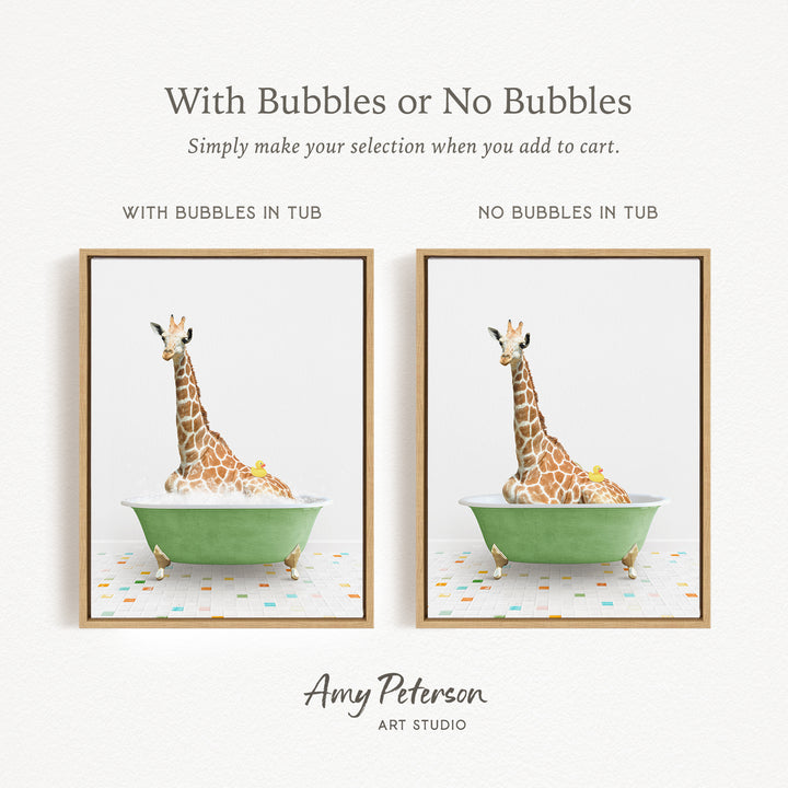The image is a collage of two framed pictures, each depicting a giraffe sitting in a green bathtub. The text above the images reads "With Bubbles or No Bubbles" and below the images, it says "Simply make your selection when you add to cart."