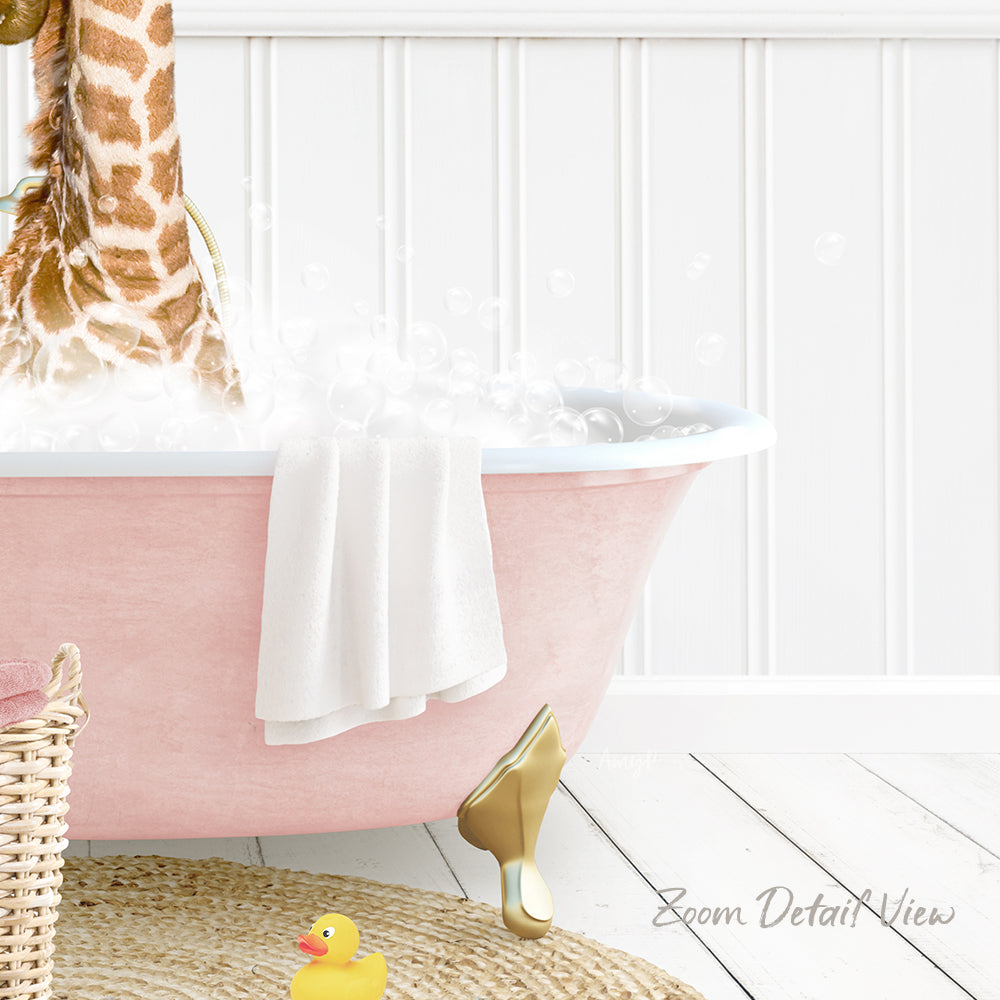 A pink bathtub filled with bubbles, with a towel and a yellow rubber duck nearby.