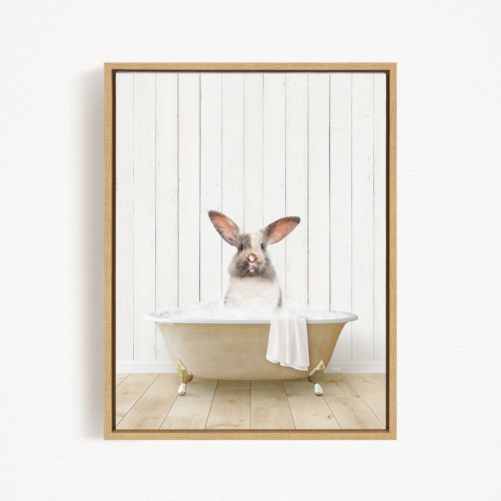 A white rabbit sitting in a bathtub filled with water, with its head above the water level.