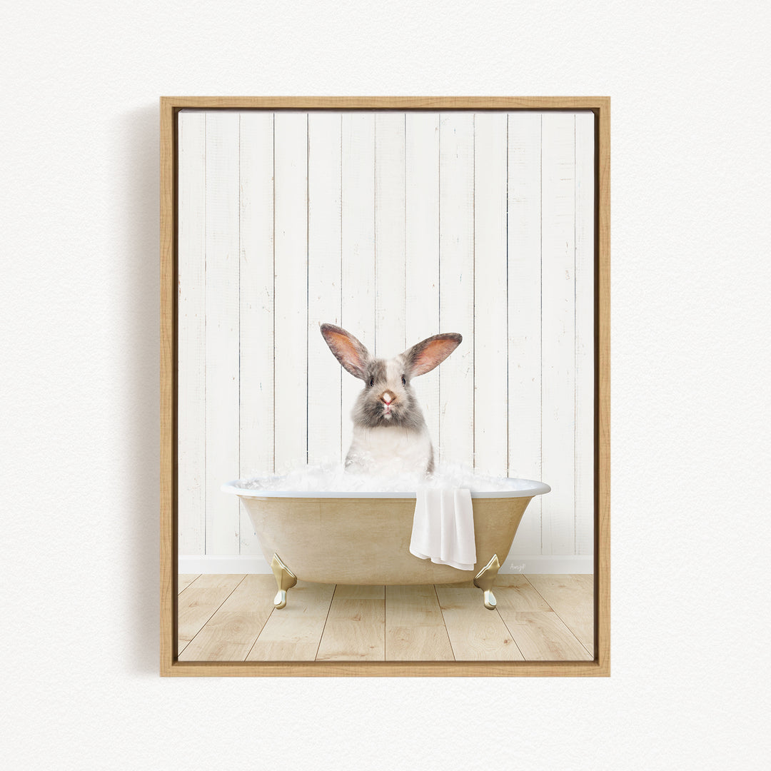 A white rabbit sitting in a bathtub filled with water, with its head above the water level.