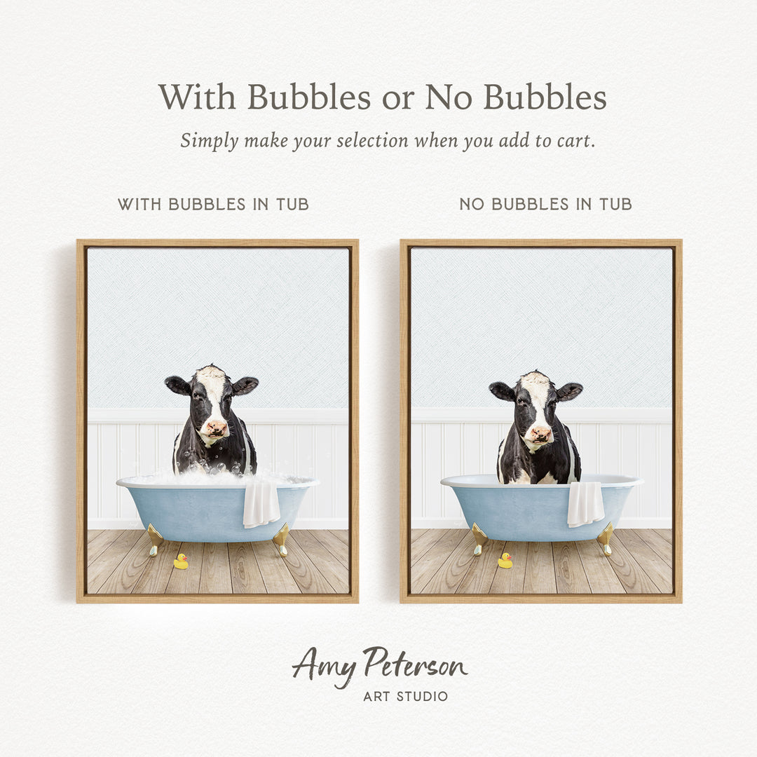 The image is a collage of two pictures featuring a cow sitting in a bathtub. The cow is depicted in both a tub with bubbles and a tub without bubbles, allowing viewers to choose which version they prefer.