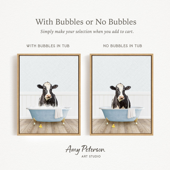 The image is a collage of two pictures featuring a cow sitting in a bathtub. The cow is depicted in both a tub with bubbles and a tub without bubbles, allowing viewers to choose which version they prefer.