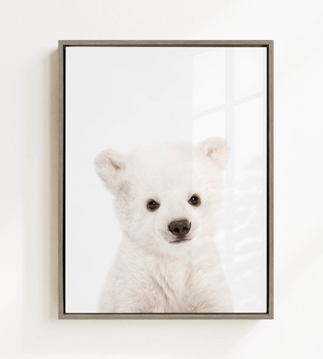 A cute white polar bear cub with large eyes and a black nose is the focus of the framed photograph.