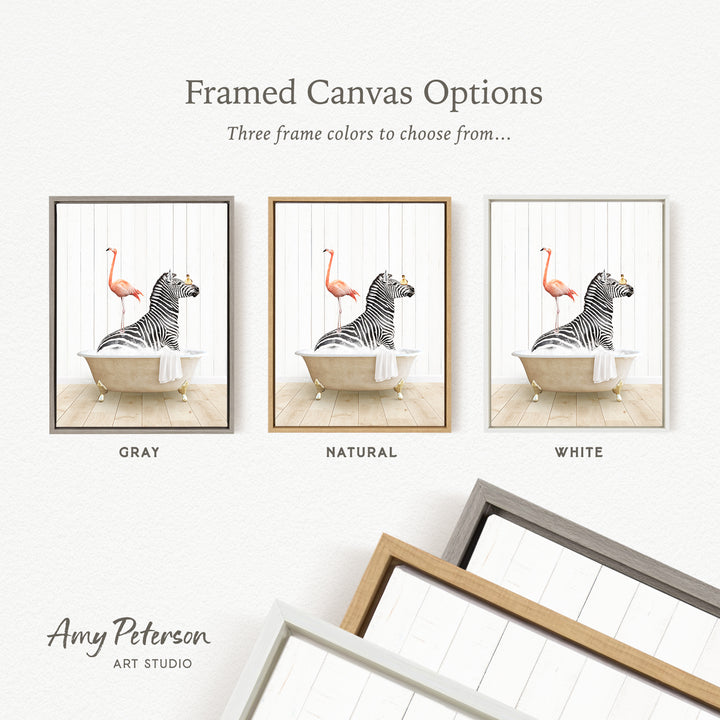 The image is a framed canvas option showcasing three different frame colors: gray, natural, and white. The canvas features a zebra and a flamingo in a bathtub, with the zebra in a gray frame and the flamingo in a natural frame, and the flamingo in a white frame.