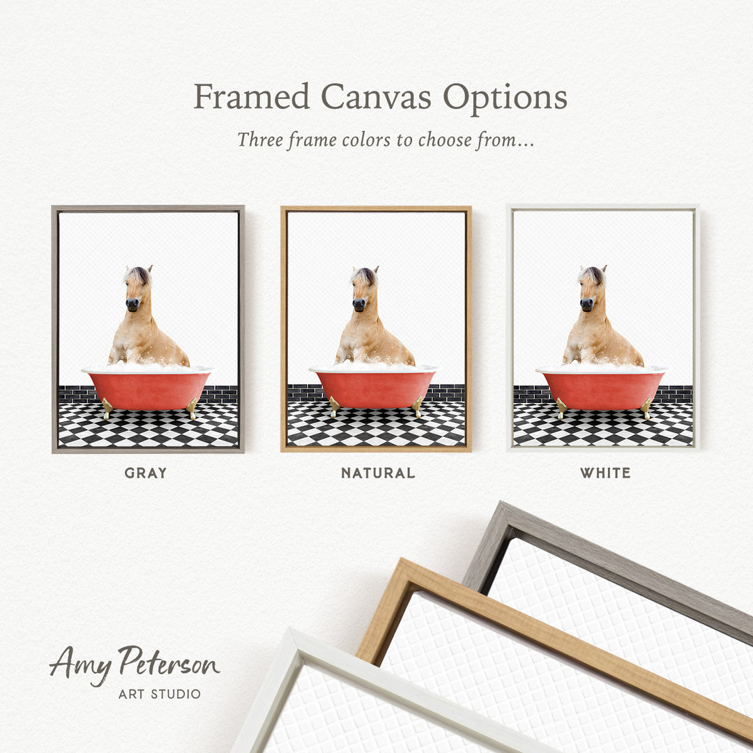 three framed canvas options, each featuring a brown horse sitting in a red bathtub. The options include a gray frame, a natural frame, and a white frame.
