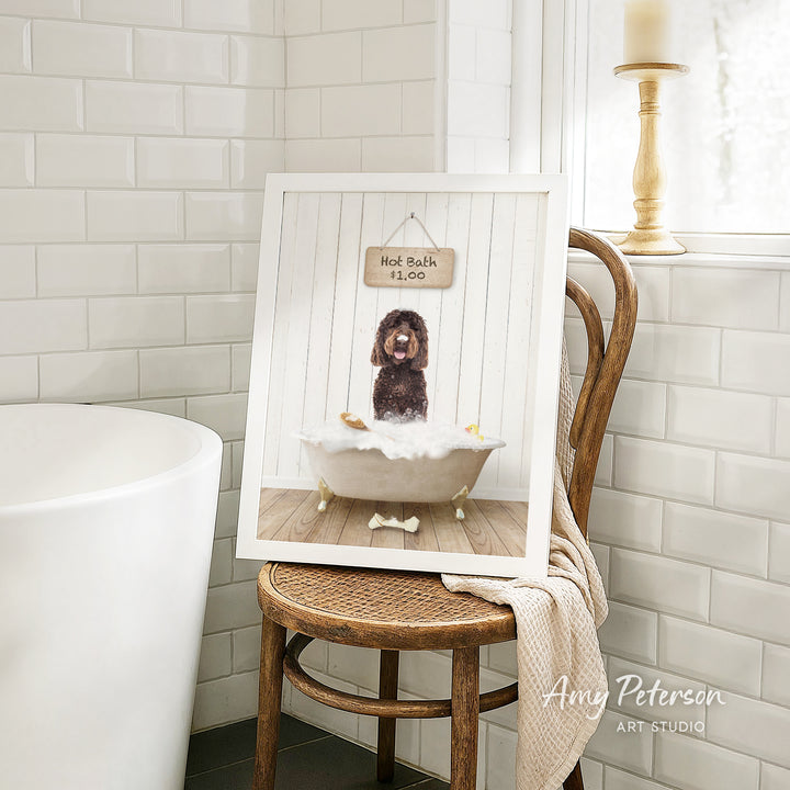 A framed image of a dog sitting in a bathtub, with a sign above it that says "Hot Bath $1.00".