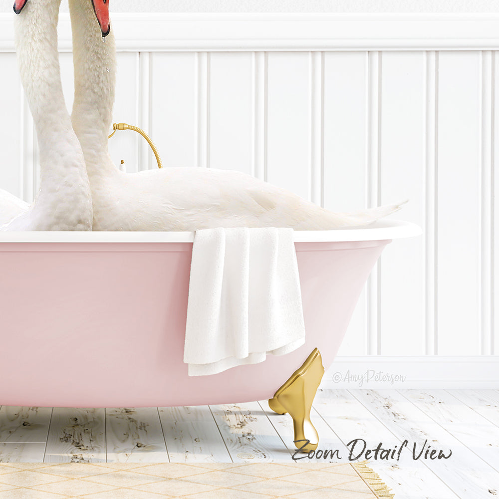 A pink bathtub with a white towel and gold bathtub stand, and a pair of swans sitting in the tub.