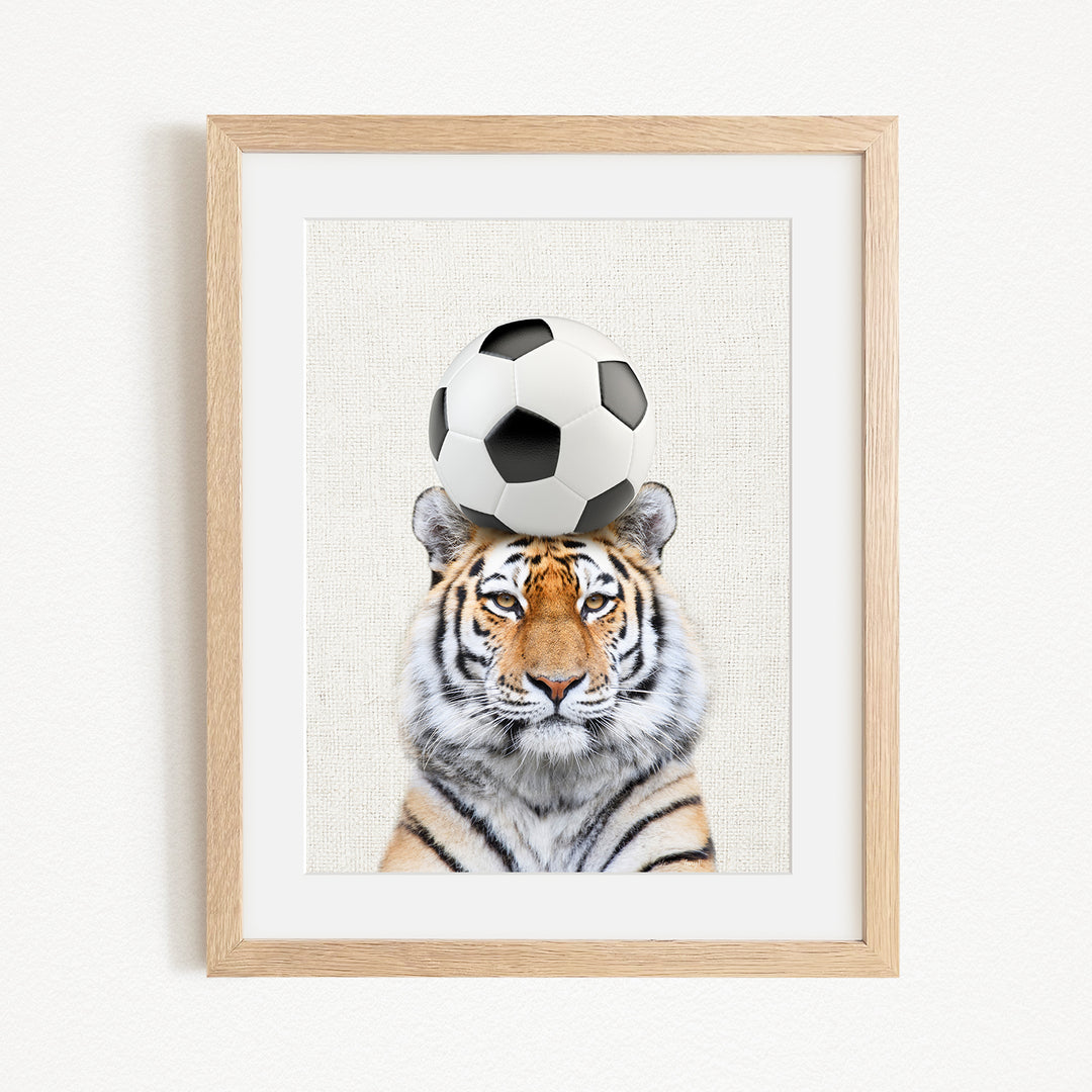 A tiger is sitting in front of a soccer ball, with the ball resting on its head.