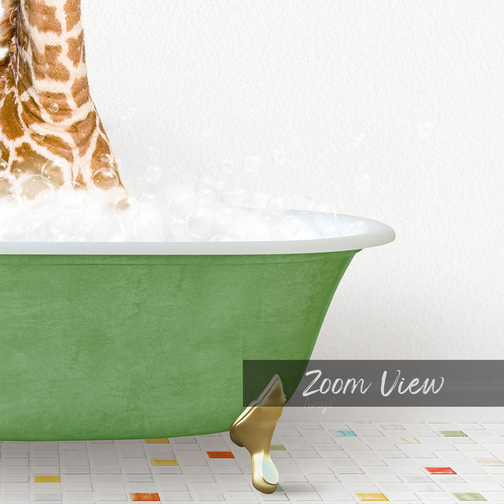 A giraffe standing in a green bathtub filled with bubbles, with a text overlay that reads "Zoom View".