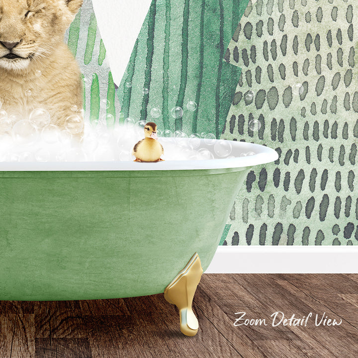 A golden bathtub filled with bubbles, with a small yellow duck sitting on the edge of the tub.