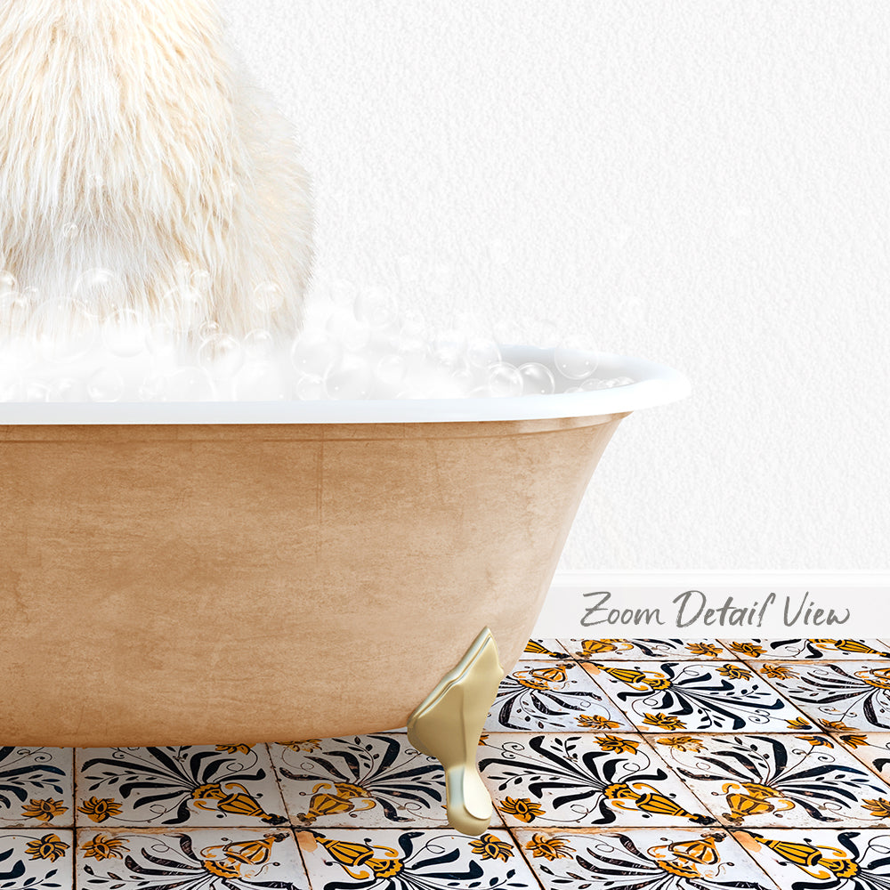 A fluffy white cat is sitting in a bathtub filled with bubbles, with a patterned tile floor visible beneath the tub.