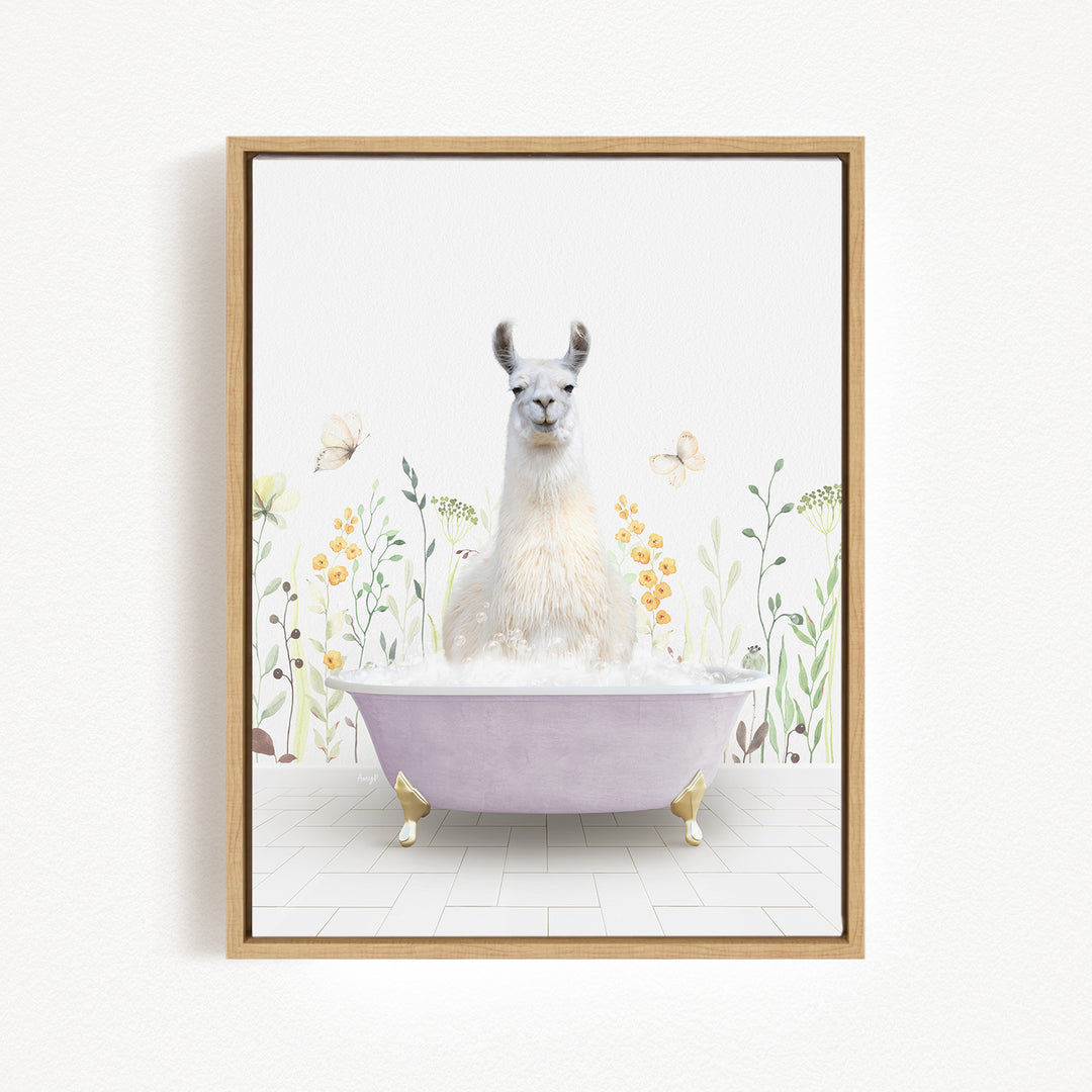 A white llama sitting in a purple bathtub filled with bubbles, surrounded by flowers and butterflies.