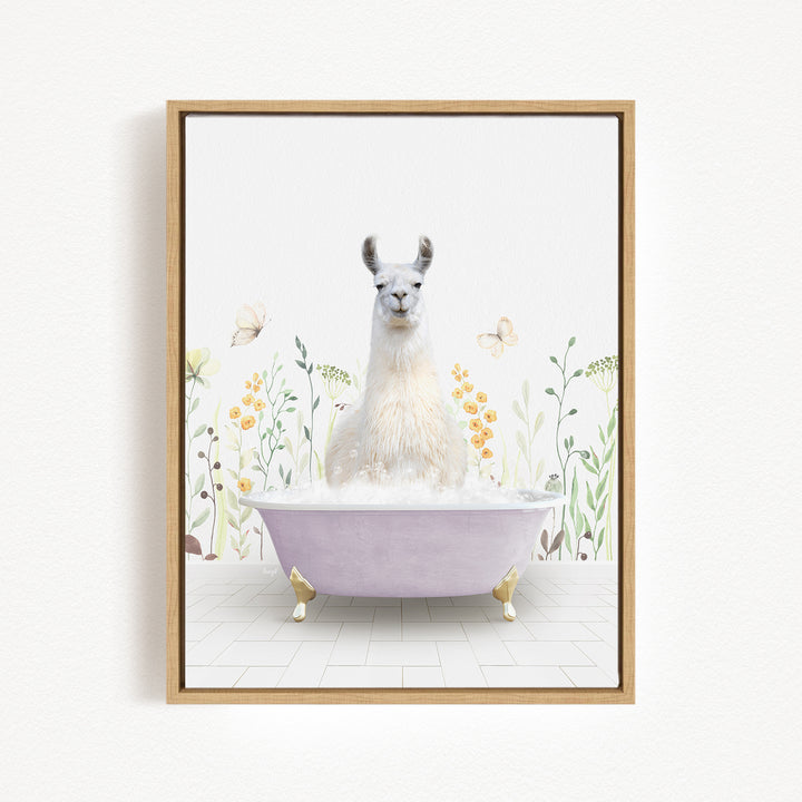 A white llama sitting in a purple bathtub filled with bubbles, surrounded by flowers and butterflies.