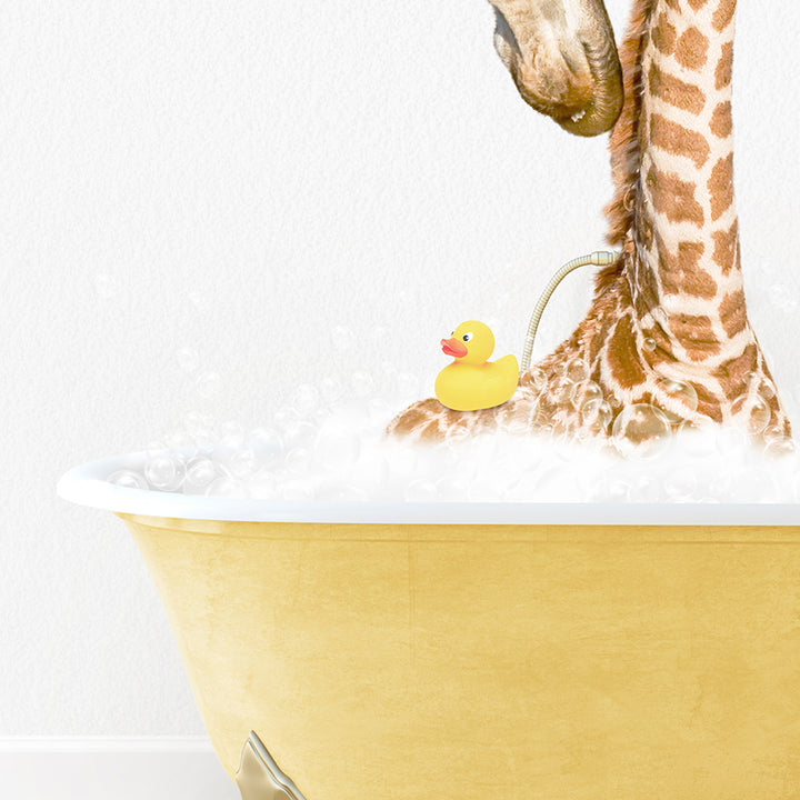 a giraffe and a rubber duck in a bathtub