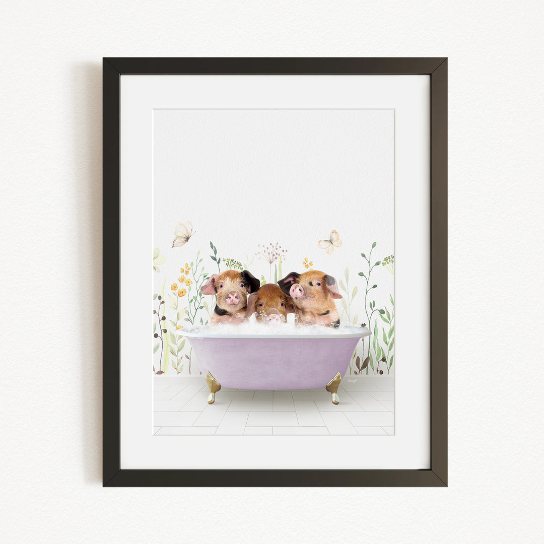 Three adorable pigs sitting in a purple bathtub, surrounded by flowers and butterflies, creating a whimsical and charming scene.