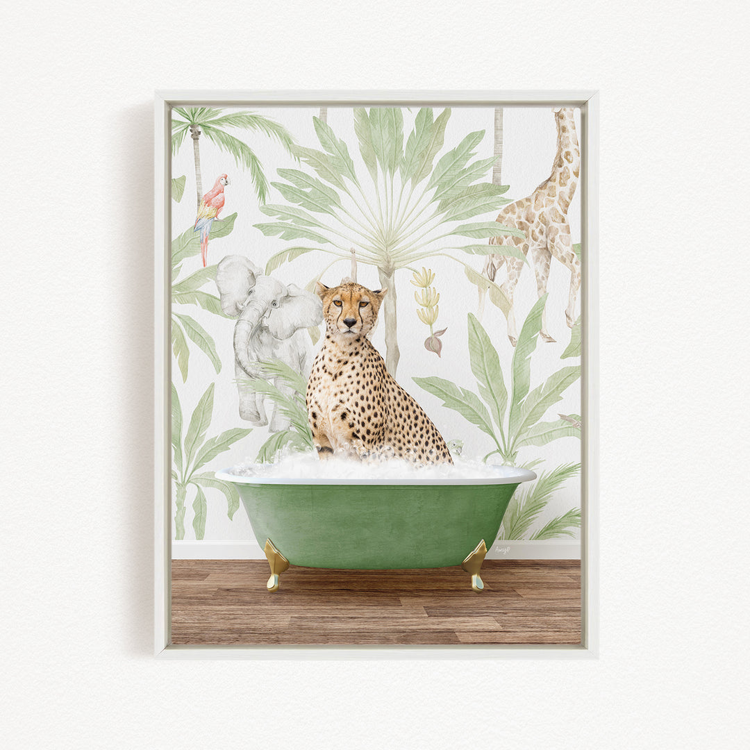 A cheetah sitting in a green bathtub, surrounded by a tropical jungle wallpaper with various animals and plants.