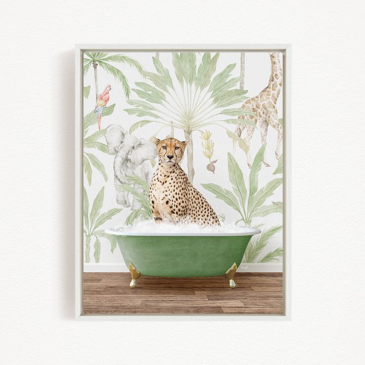A cheetah sitting in a green bathtub, surrounded by a tropical jungle wallpaper with various animals and plants.