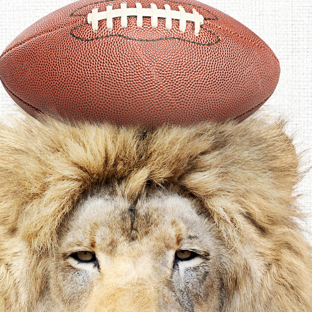 a lion with a football on its head