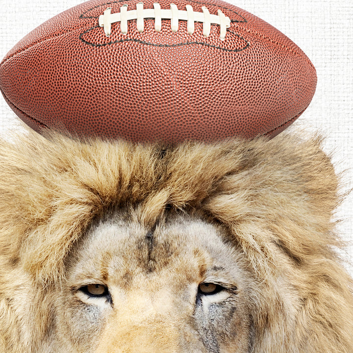 a lion with a football on its head