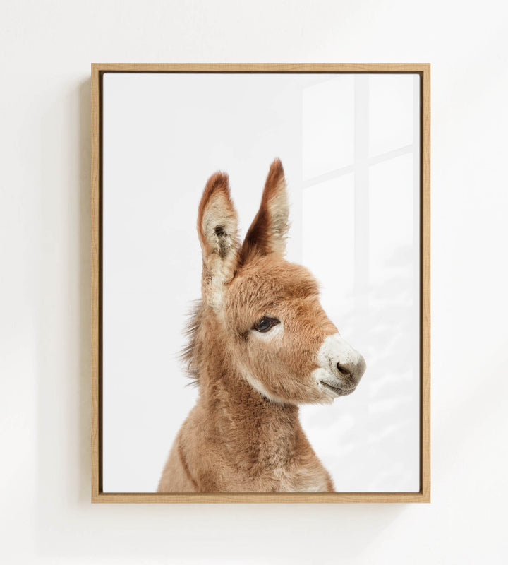 A brown donkey with large ears and a white nose is the focus of the image, which is framed and displayed on a white wall.