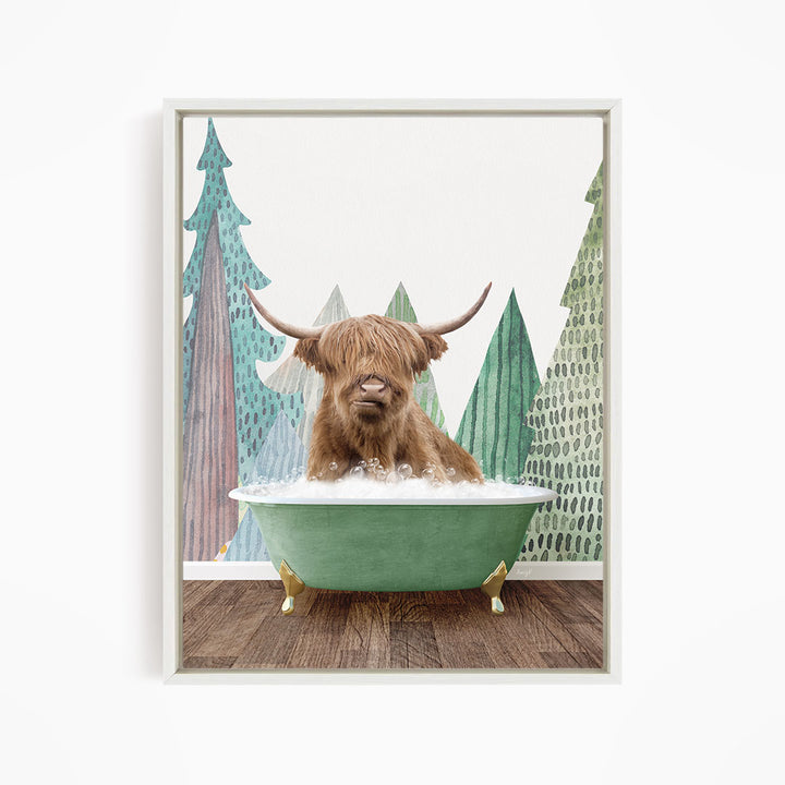 A brown cow with long horns is sitting in a green bathtub, surrounded by a forest scene with trees and a snowy landscape.