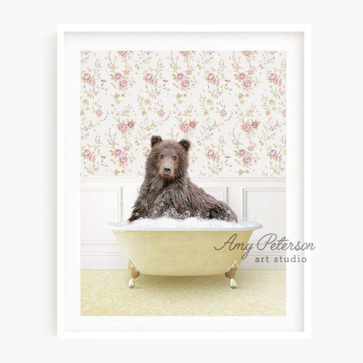 a dog sitting in a bathtub with a flowered wallpaper behind it