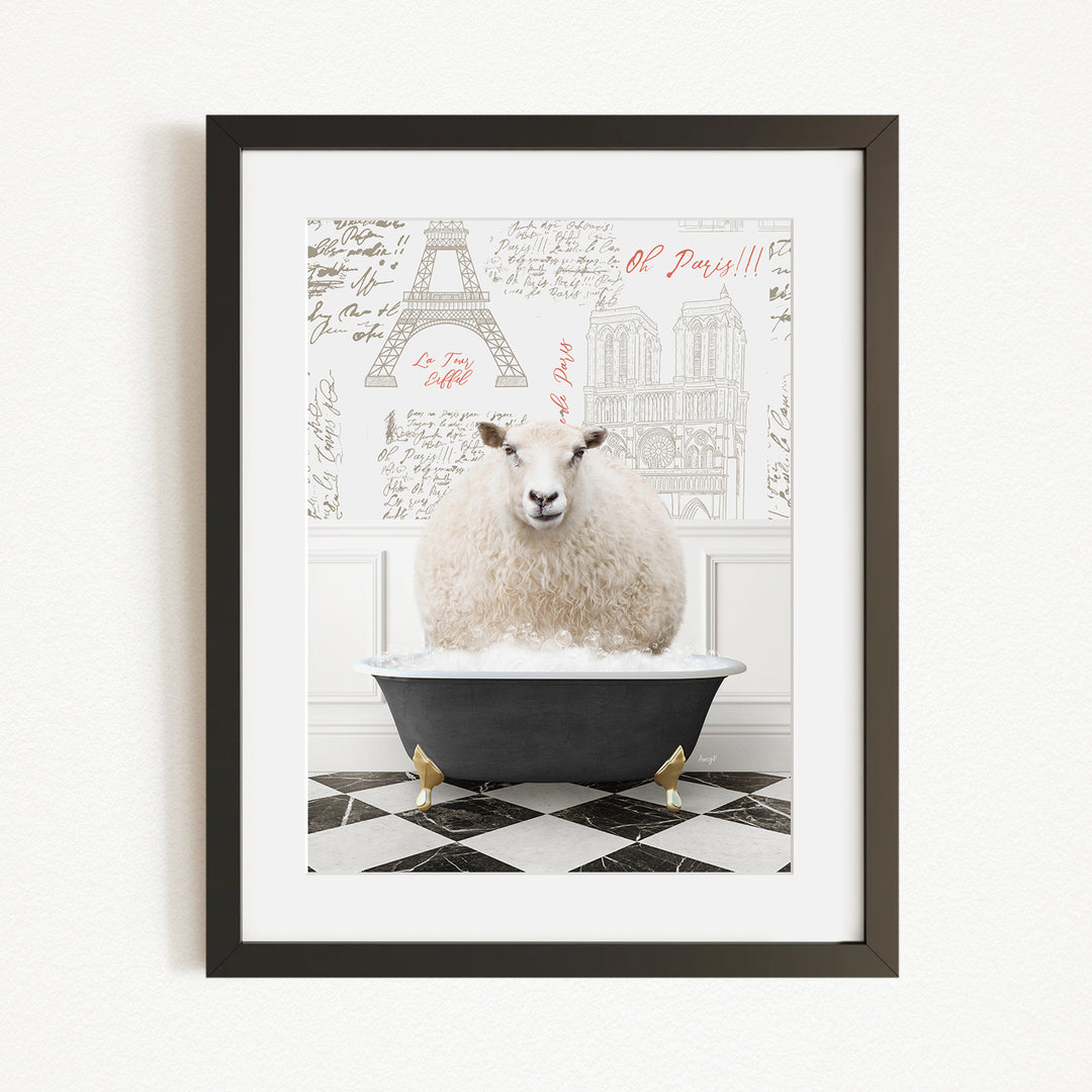 A fluffy white sheep sits in a black bathtub, surrounded by a checkered black and white floor and a wall with a drawing of the Eiffel Tower.
