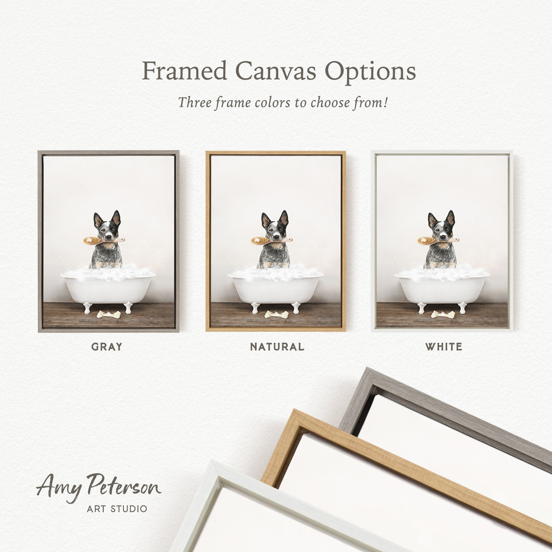three framed canvas options, each featuring a dog sitting in a bathtub. The options include a gray frame, a natural frame, and a white frame. The text above the images reads " Framed Canvas Options" and "Three frame colors to choose from!".