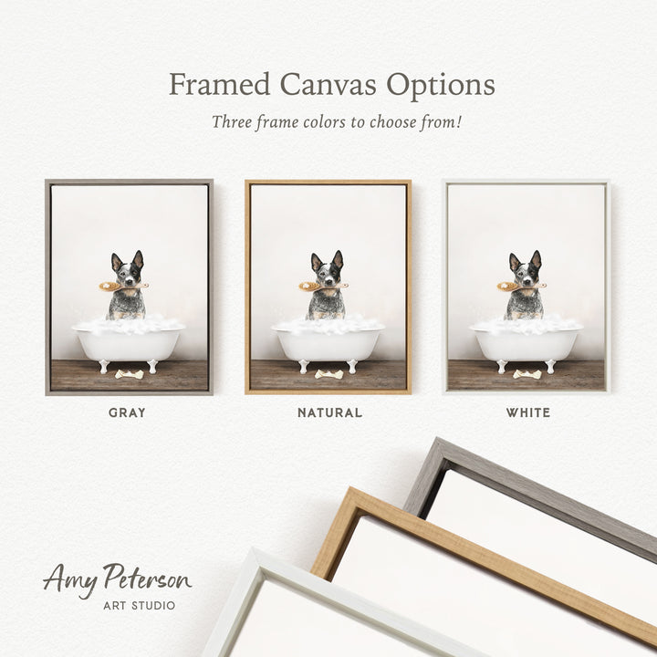 three framed canvas options, each featuring a dog sitting in a bathtub. The options include a gray frame, a natural frame, and a white frame. The text above the images reads " Framed Canvas Options" and "Three frame colors to choose from!".