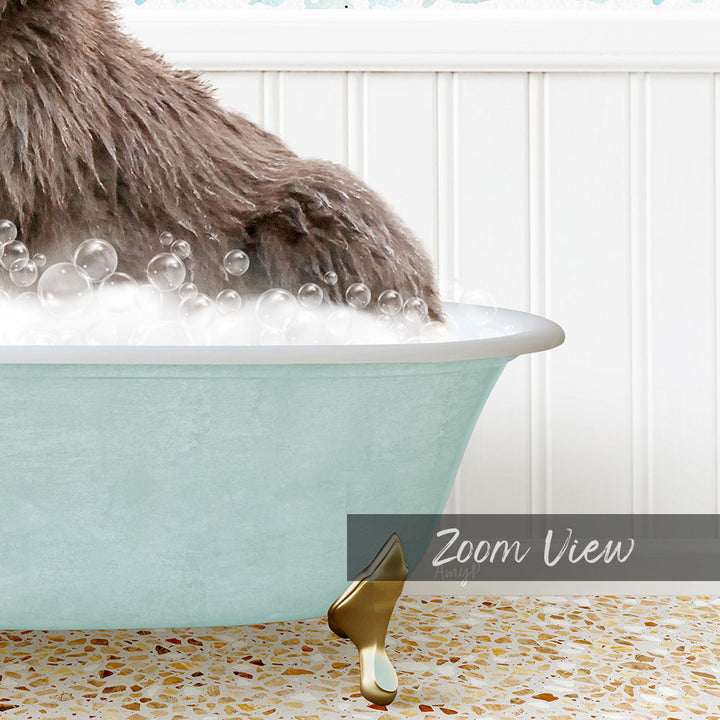 A fluffy brown dog is sitting in a light blue bathtub filled with bubbles, with a gold bathtub stopper visible.