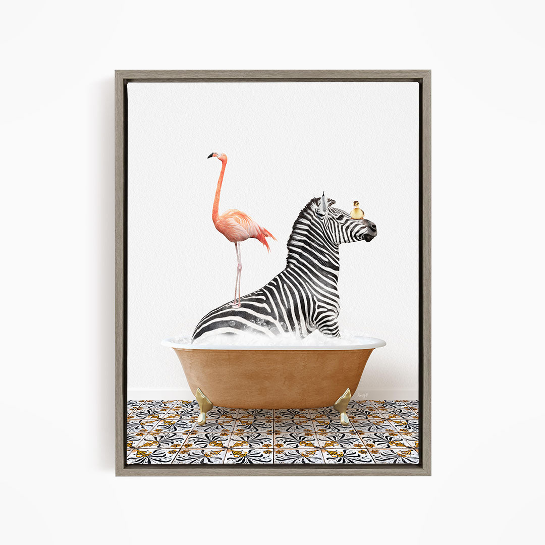 A zebra is sitting in a bathtub, with a pink flamingo standing on its back legs and a bird perched on its head.