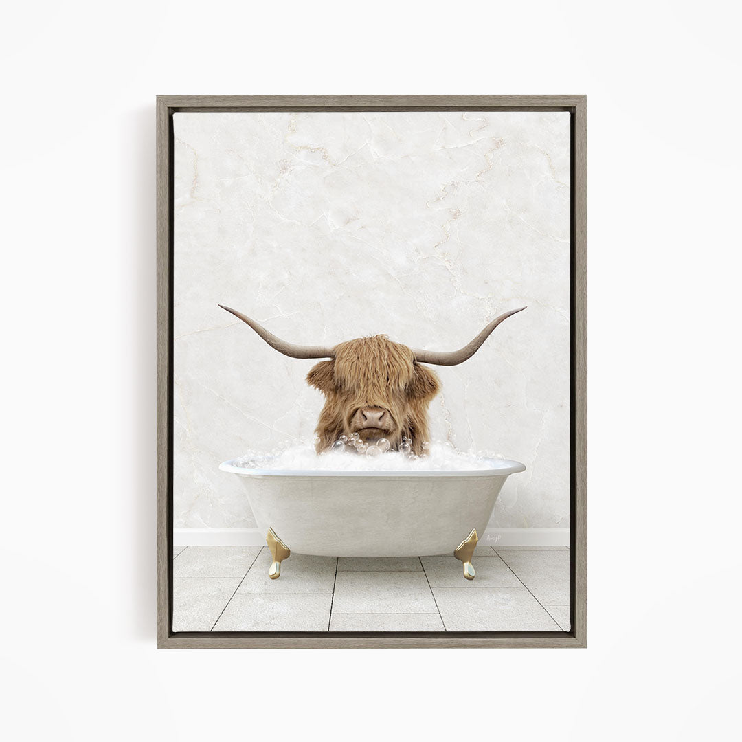 A Highland cow with long horns is sitting in a white bathtub filled with water, creating a whimsical and humorous scene.