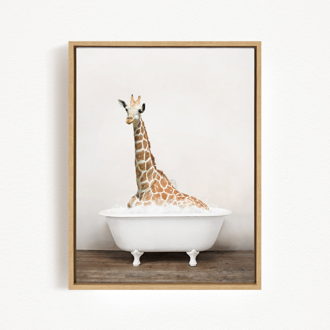 A giraffe sitting in a white bathtub filled with water, creating a whimsical and playful scene.