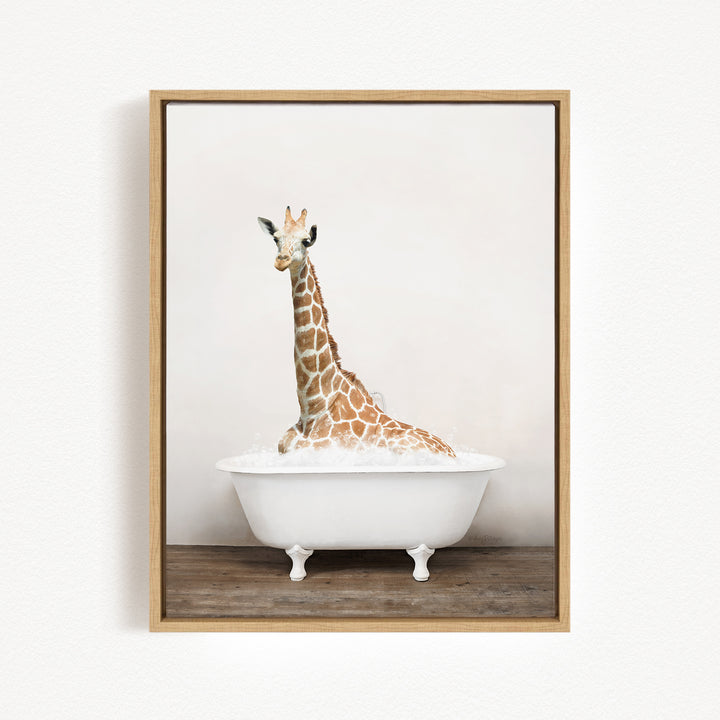 A giraffe sitting in a white bathtub filled with water, creating a whimsical and playful scene.
