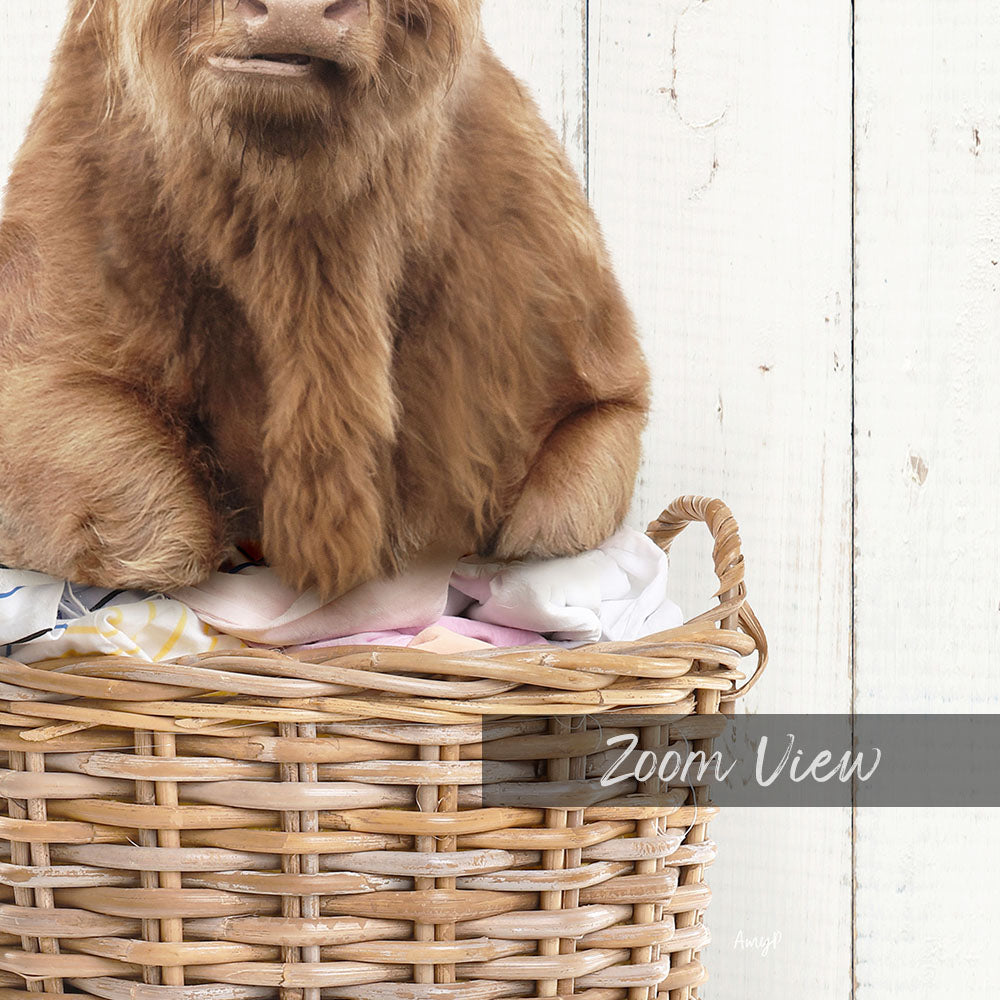 A brown bear sitting in a wicker basket.