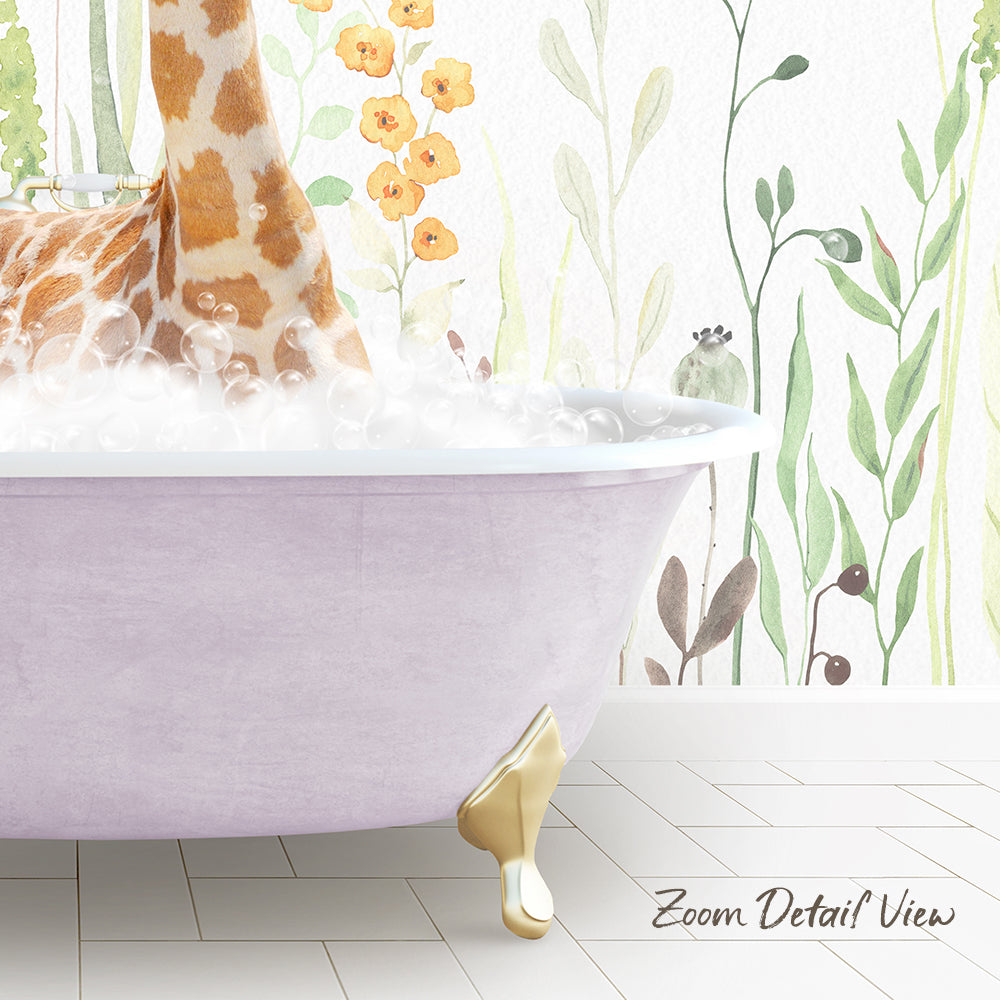 A giraffe is taking a bath in a pink bathtub, surrounded by a floral wallpaper.